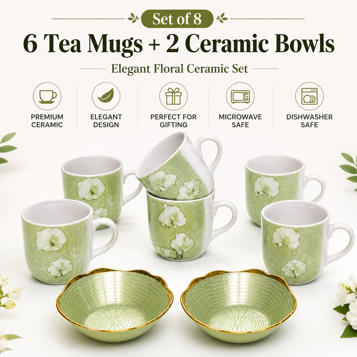 Ceramic Tea Mug & Bowl Gift Set (6 Tea Mugs + 2 Ceramic Bowls) Premium Quality Tea Cup Set for Home Kitchen Office Stylish Tea Coffee Serving Set with Gift Box | Green