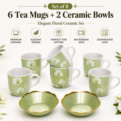 Ceramic Tea Mug & Bowl Gift Set (6 Tea Mugs + 2 Ceramic Bowls) Premium Quality Tea Cup Set for Home Kitchen Office Stylish Tea Coffee Serving Set with Gift Box | Green