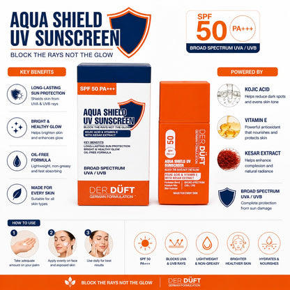Der Düft Aqua Shield UV Sunscreen, SPF 50 PA+++, with Kojic Acid, Vitamin E and Kesar Extract, Oil-Free, Broad Spectrum UVA/UVB
