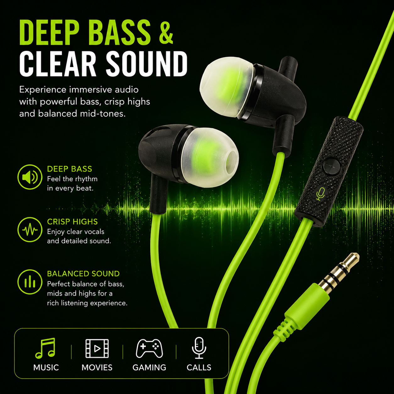 Wired in-Ear Earphones with Mic, Green, 3.5mm Jack, Inline Control, for Music, Calls and Everyday Use