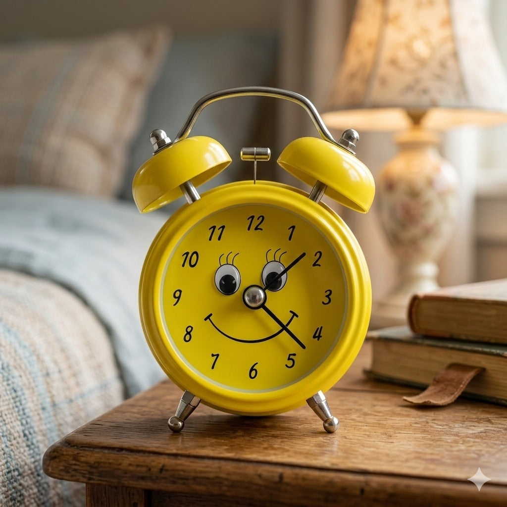 Retro Twin Bell Alarm Clock with Smiley Dial | Loud Alarm, Metal Body, Analog Display, Battery Operated | Bedside/Table Clock for Kids & Adults (Yellow)