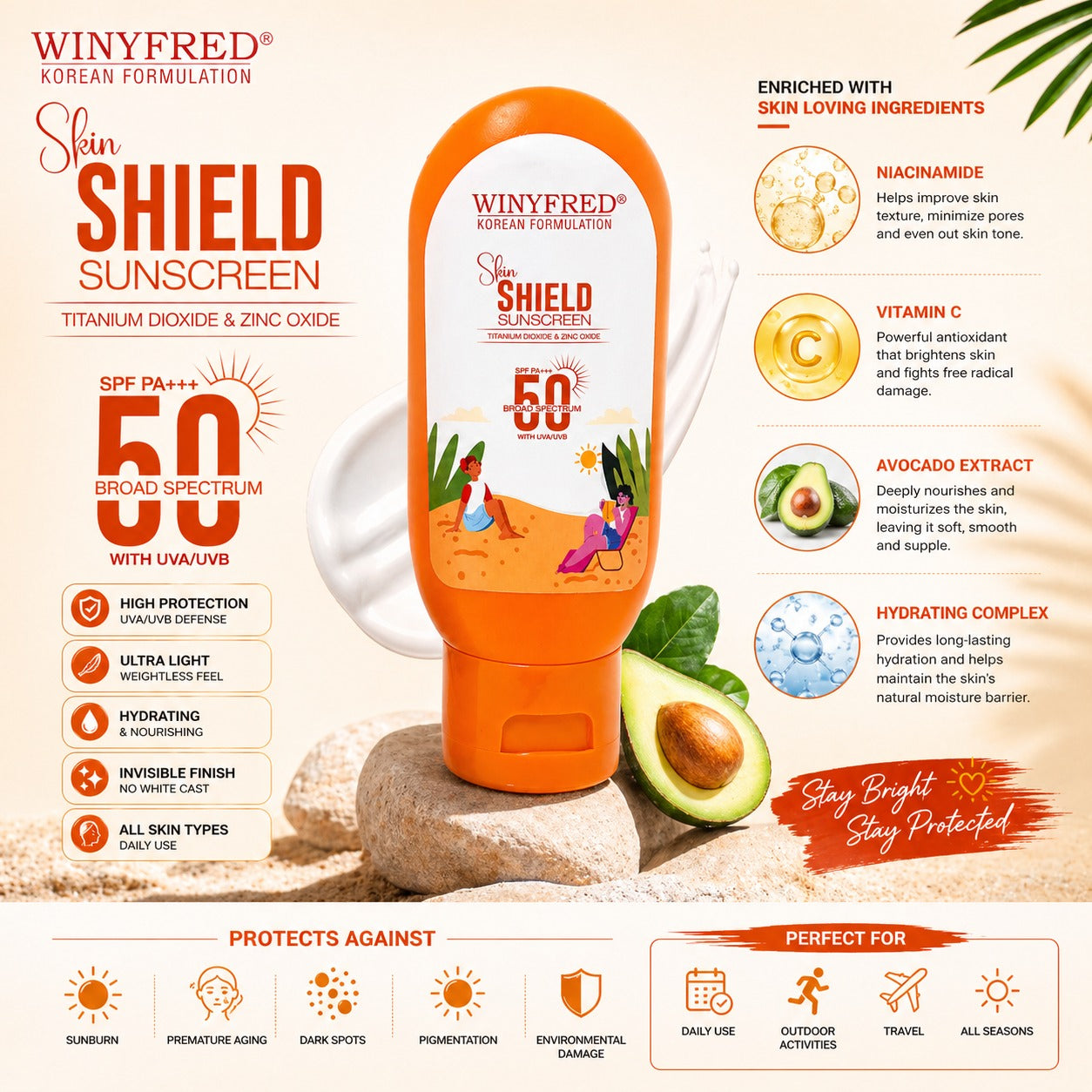 WINYFRED Skin Shield Sunscreen SPF 50 PA+++ Broad Spectrum, with Titanium Dioxide & Zinc Oxide, Korean Formulation, 75gm