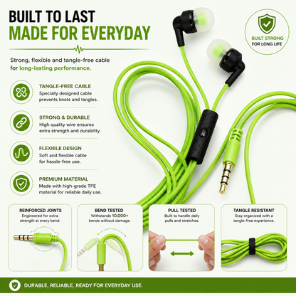 Wired in-Ear Earphones with Mic, Green, 3.5mm Jack, Inline Control, for Music, Calls and Everyday Use