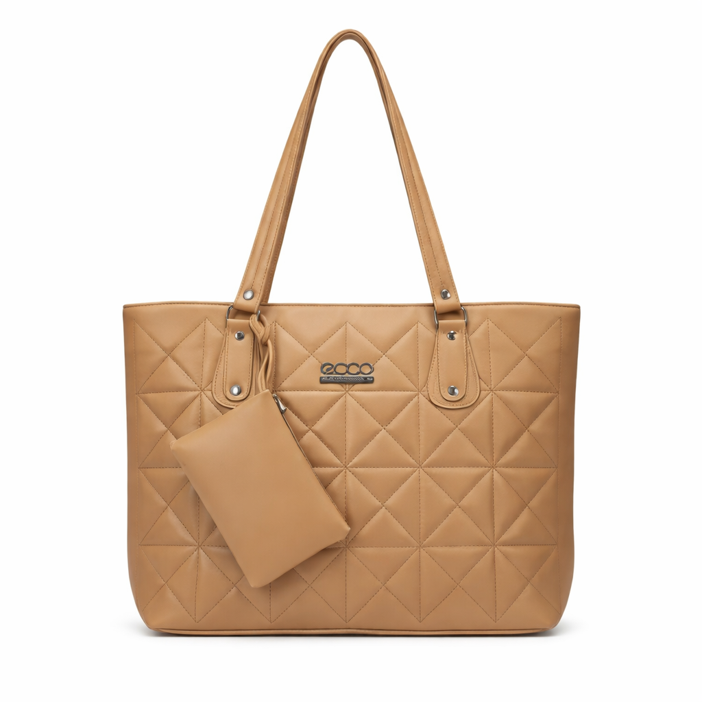 Quilted Tan Faux Leather Tote Bag with Long Shoulder Handles