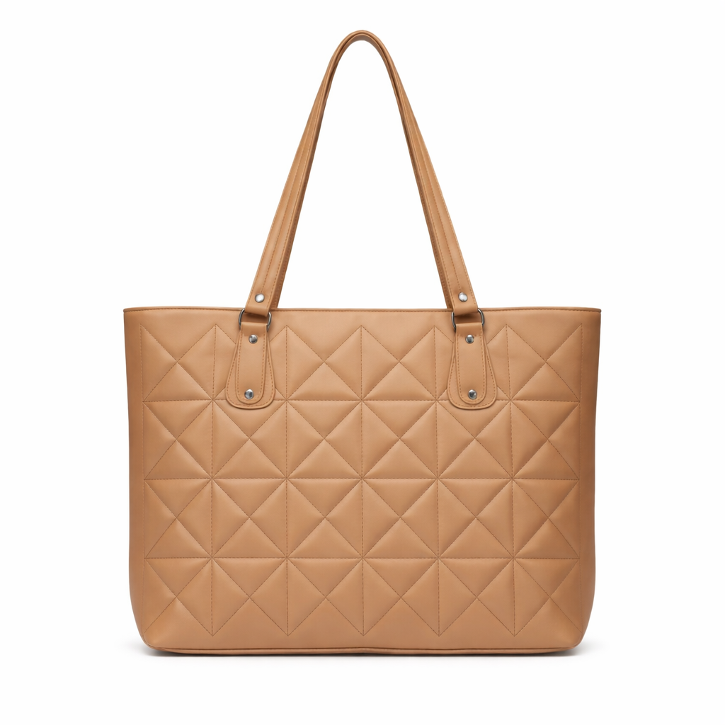 Quilted Tan Faux Leather Tote Bag with Long Shoulder Handles