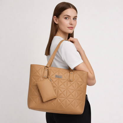 Quilted Tan Faux Leather Tote Bag with Long Shoulder Handles