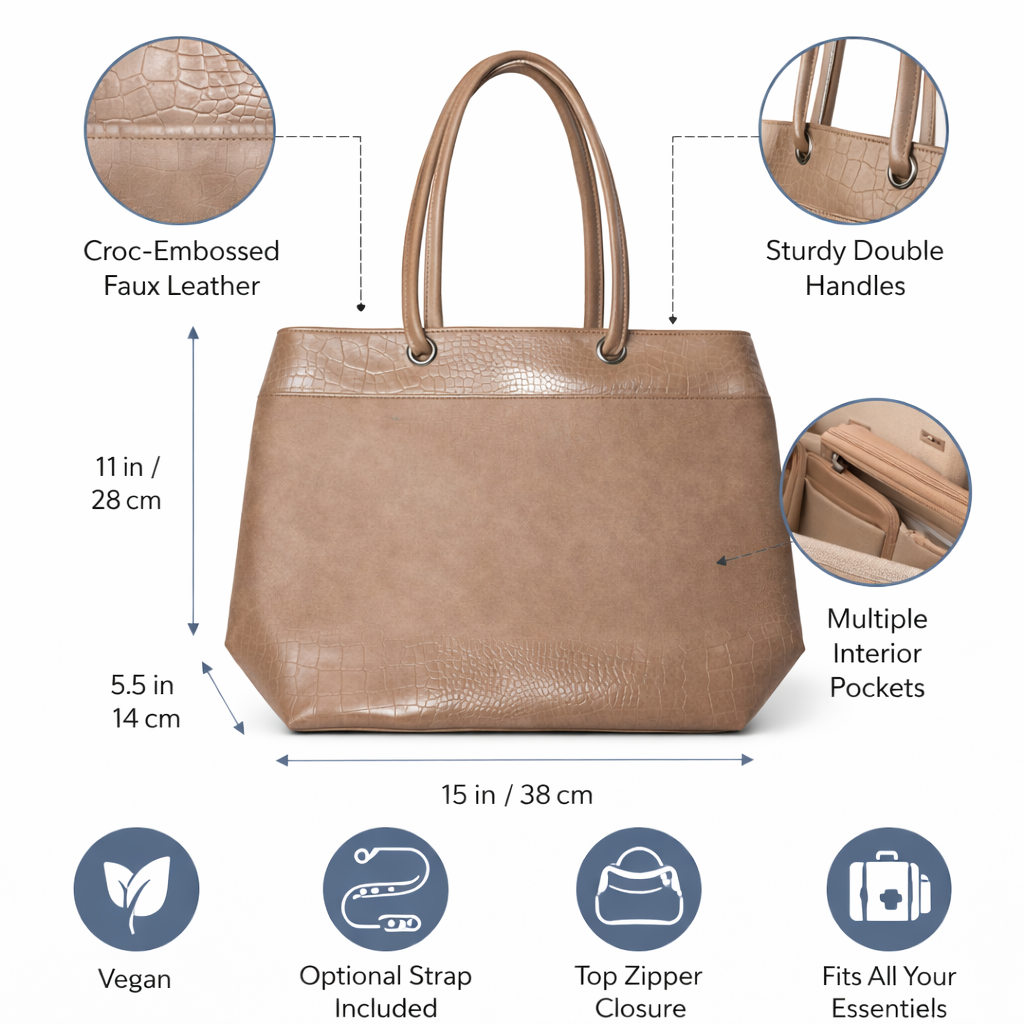 Women's Tote Handbag, Purple, Structured Silhouette, Crocodile Texture, for Office, Travel and Casual Outings