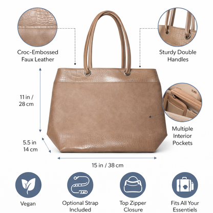 Women's Tote Handbag, Purple, Structured Silhouette, Crocodile Texture, for Office, Travel and Casual Outings