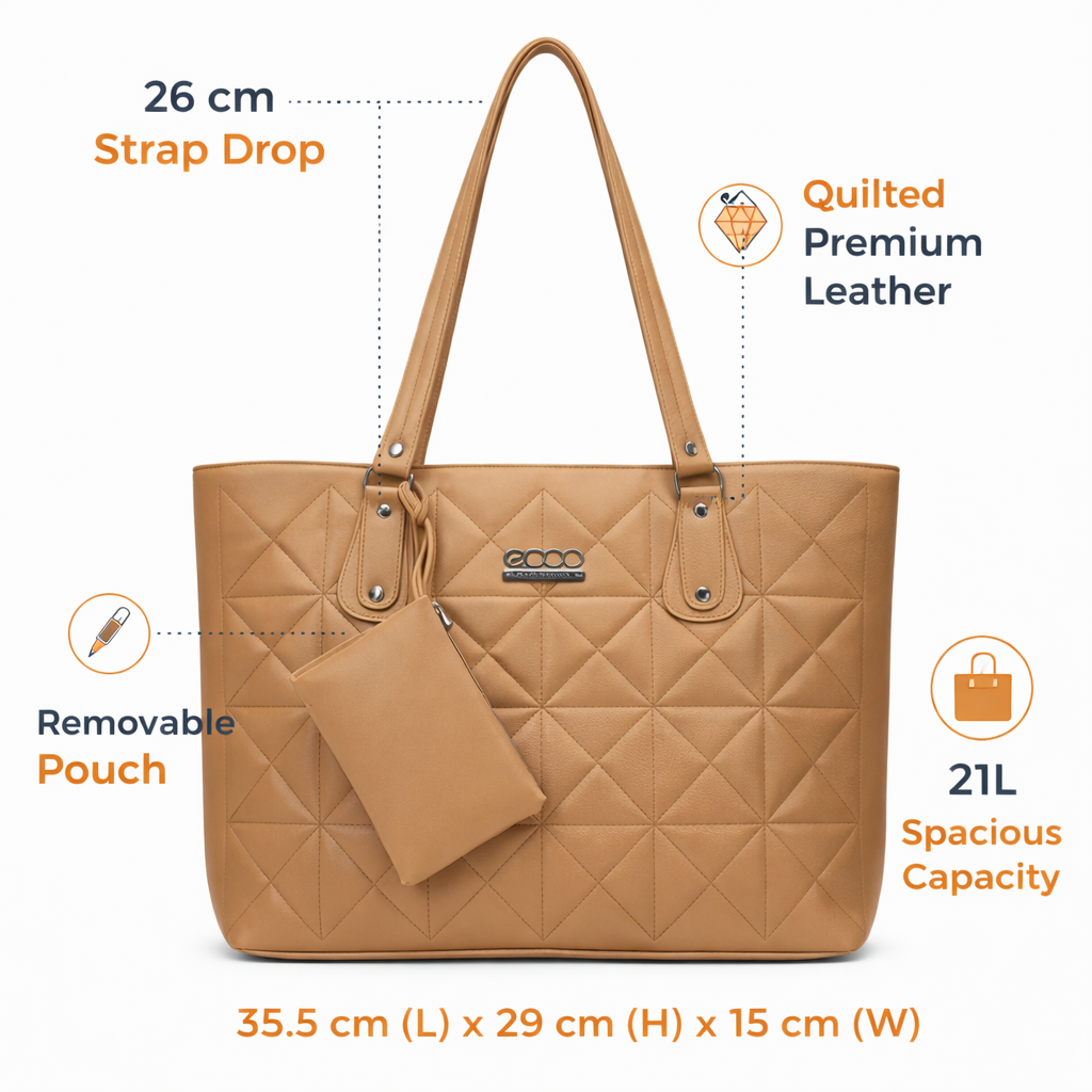 Quilted Tan Faux Leather Tote Bag with Long Shoulder Handles