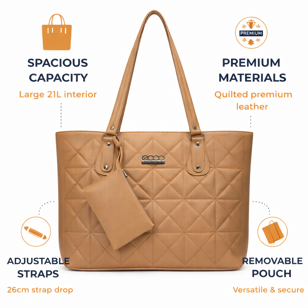 Quilted Tan Faux Leather Tote Bag with Long Shoulder Handles