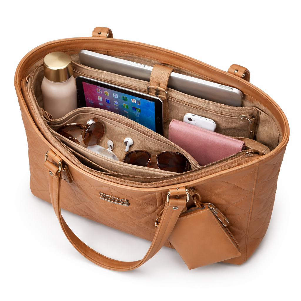 Quilted Tan Faux Leather Tote Bag with Long Shoulder Handles