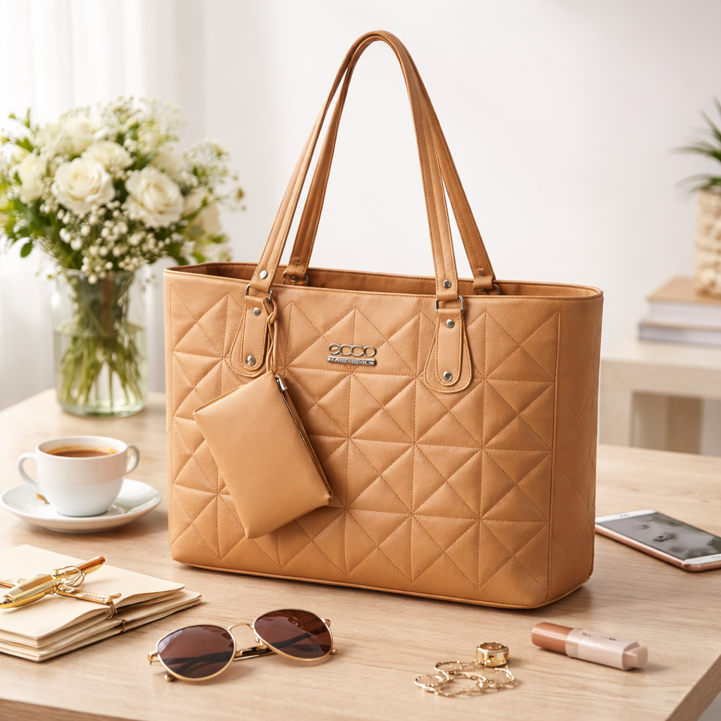 Quilted Tan Faux Leather Tote Bag with Long Shoulder Handles