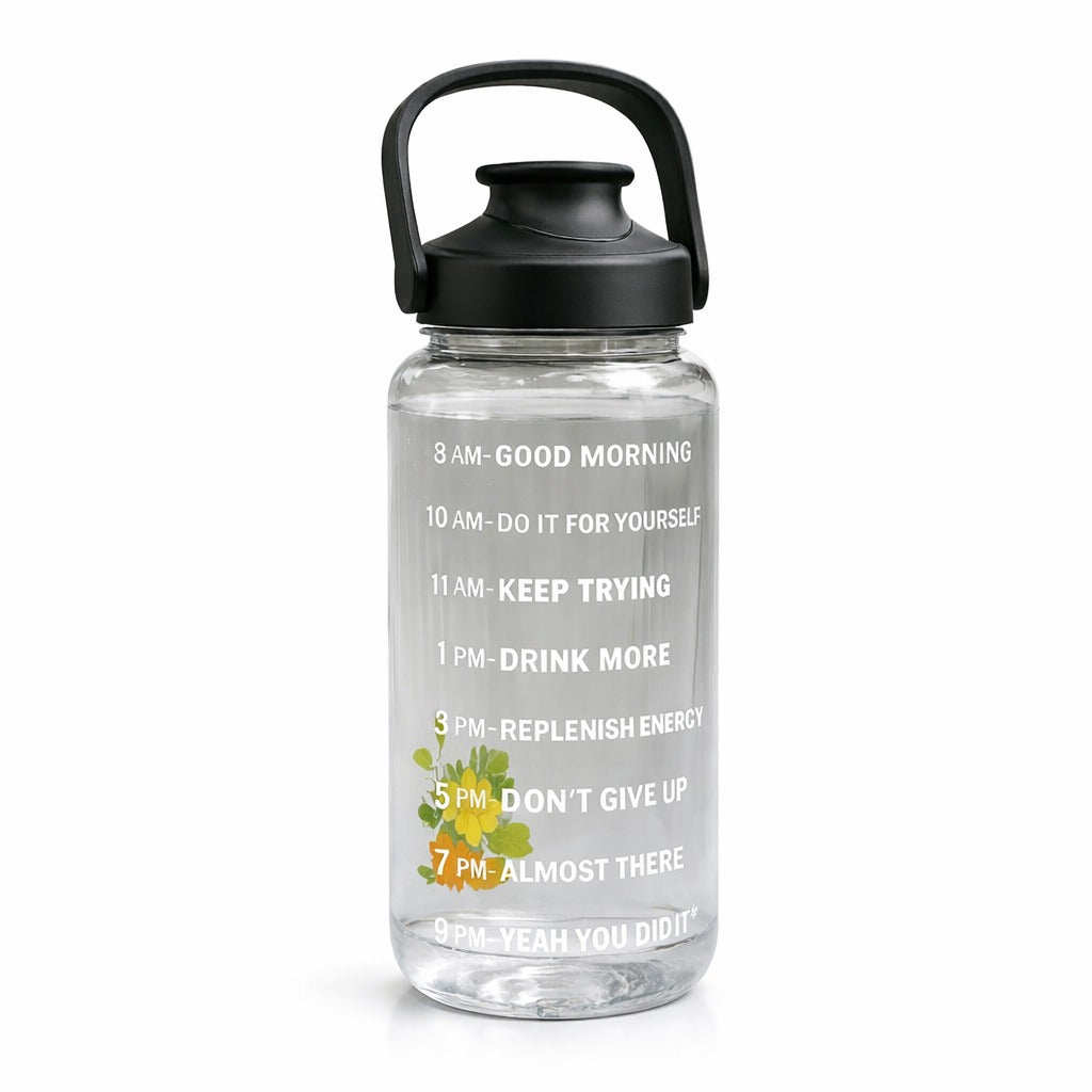2L Motivational Water Bottle with Time Marker – BPA-Free Leakproof Water Bottle with Carry Handle for Gym, Office, School, Travel & Fitness (Black)