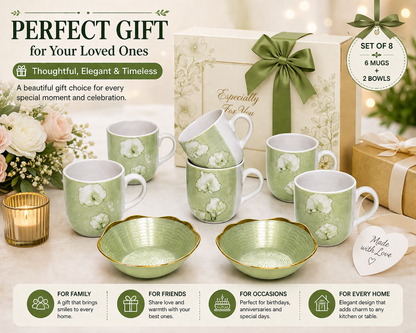 Ceramic Tea Mug & Bowl Gift Set (6 Tea Mugs + 2 Ceramic Bowls) Premium Quality Tea Cup Set for Home Kitchen Office Stylish Tea Coffee Serving Set with Gift Box | Green