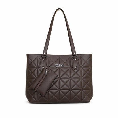Women's Quilted Tote Bag with Matching Wallet, Large Capacity PU Leather Shoulder Handbag, Fashion Work Tote Purse for Office, Travel, Shopping, College & Daily Use, Brown