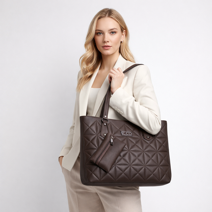 Women's Quilted Tote Bag with Matching Wallet, Large Capacity PU Leather Shoulder Handbag, Fashion Work Tote Purse for Office, Travel, Shopping, College & Daily Use, Brown