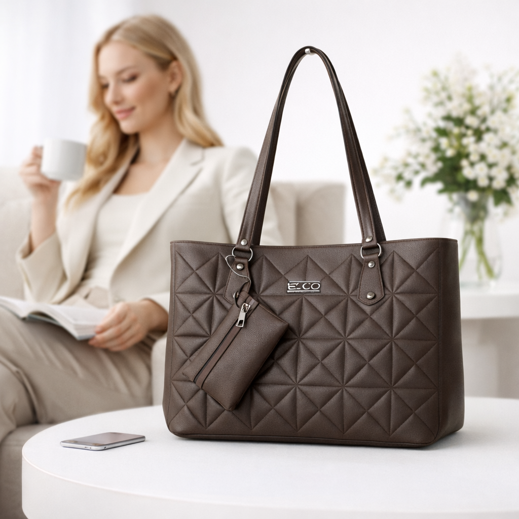 Women's Quilted Tote Bag with Matching Wallet, Large Capacity PU Leather Shoulder Handbag, Fashion Work Tote Purse for Office, Travel, Shopping, College & Daily Use, Brown