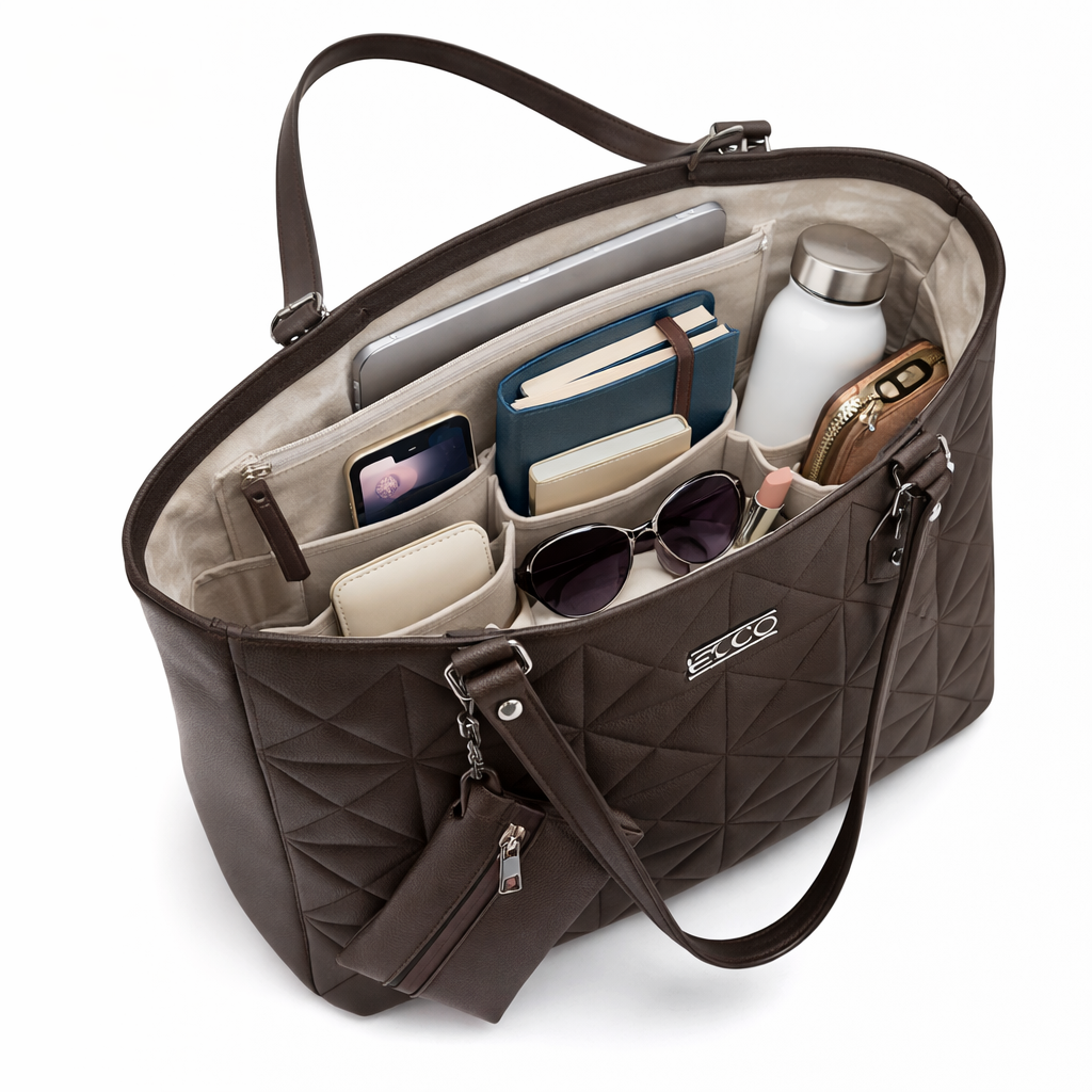 Women's Quilted Tote Bag with Matching Wallet, Large Capacity PU Leather Shoulder Handbag, Fashion Work Tote Purse for Office, Travel, Shopping, College & Daily Use, Brown