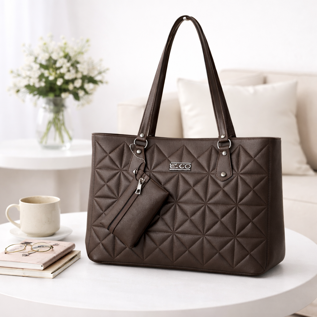 Women's Quilted Tote Bag with Matching Wallet, Large Capacity PU Leather Shoulder Handbag, Fashion Work Tote Purse for Office, Travel, Shopping, College & Daily Use, Brown