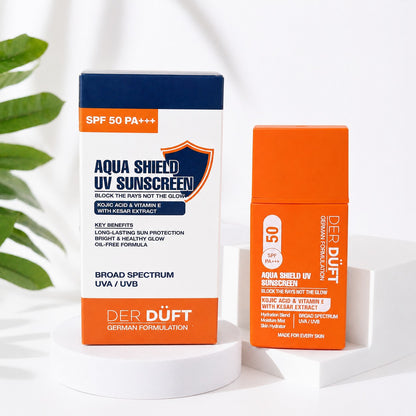 Der Düft Aqua Shield UV Sunscreen, SPF 50 PA+++, with Kojic Acid, Vitamin E and Kesar Extract, Oil-Free, Broad Spectrum UVA/UVB