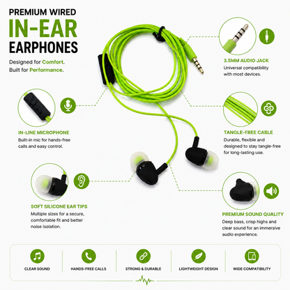 Wired in-Ear Earphones with Mic, Green, 3.5mm Jack, Inline Control, for Music, Calls and Everyday Use