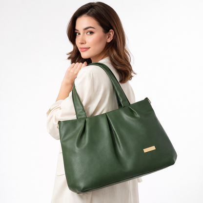 Women's Premium Forest Green PU Leather Tote Handbag | Large Shoulder Bag with Zipper Closure | Stylish Office, Travel & Everyday Carry Purse