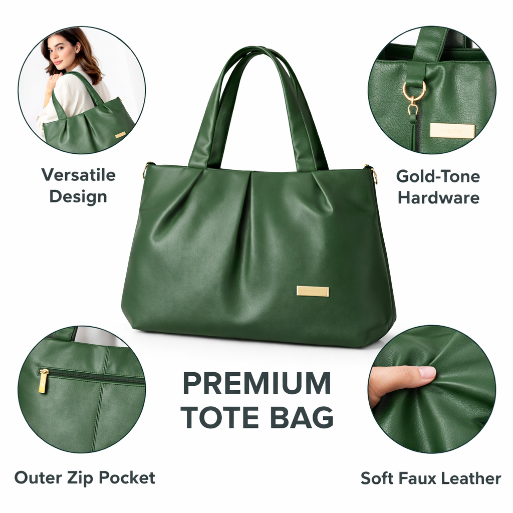 Women's Premium Forest Green PU Leather Tote Handbag | Large Shoulder Bag with Zipper Closure | Stylish Office, Travel & Everyday Carry Purse