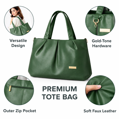 Women's Premium Forest Green PU Leather Tote Handbag | Large Shoulder Bag with Zipper Closure | Stylish Office, Travel & Everyday Carry Purse