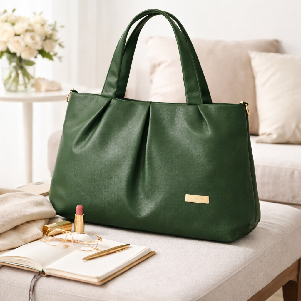 Women's Premium Forest Green PU Leather Tote Handbag | Large Shoulder Bag with Zipper Closure | Stylish Office, Travel & Everyday Carry Purse