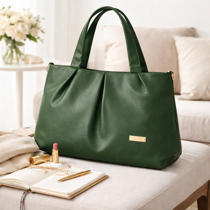 Women's Premium Forest Green PU Leather Tote Handbag | Large Shoulder Bag with Zipper Closure | Stylish Office, Travel & Everyday Carry Purse