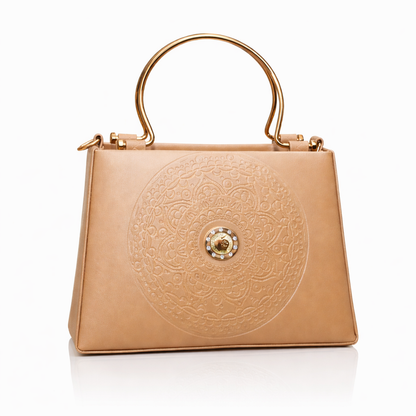 Golden Top-Handle Handbag with Embossed Circular Pattern, Structured Silhouette, Gold Metal Handle