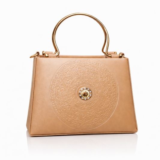 Golden Top-Handle Handbag with Embossed Circular Pattern, Structured Silhouette, Gold Metal Handle