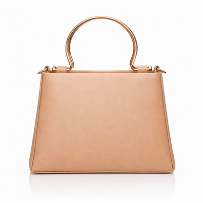 Golden Top-Handle Handbag with Embossed Circular Pattern, Structured Silhouette, Gold Metal Handle