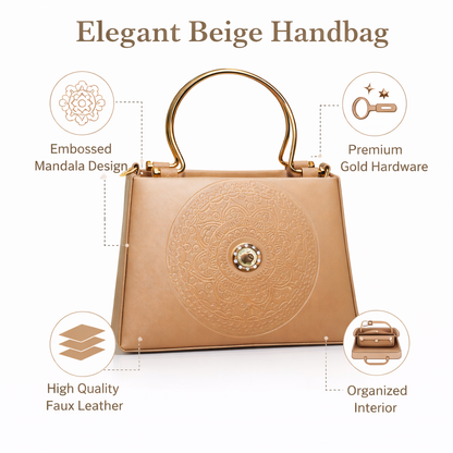 Golden Top-Handle Handbag with Embossed Circular Pattern, Structured Silhouette, Gold Metal Handle