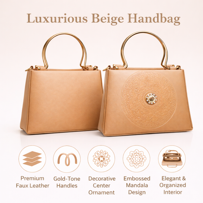 Golden Top-Handle Handbag with Embossed Circular Pattern, Structured Silhouette, Gold Metal Handle