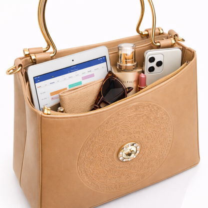 Golden Top-Handle Handbag with Embossed Circular Pattern, Structured Silhouette, Gold Metal Handle
