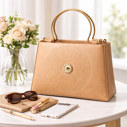Golden Top-Handle Handbag with Embossed Circular Pattern, Structured Silhouette, Gold Metal Handle