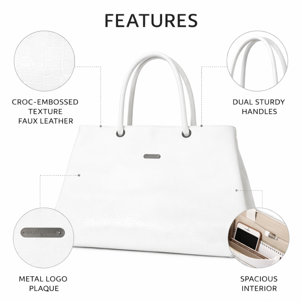White Faux Leather Tote Bag | Textured Finish Shoulder Handbag for Office & Daily Use