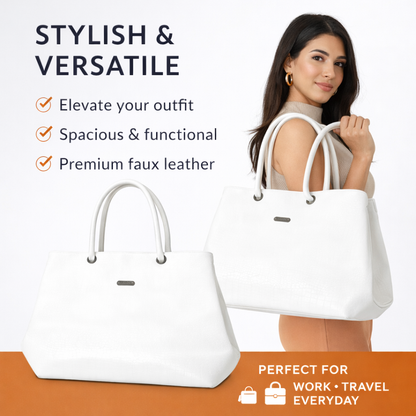 White Faux Leather Tote Bag | Textured Finish Shoulder Handbag for Office & Daily Use