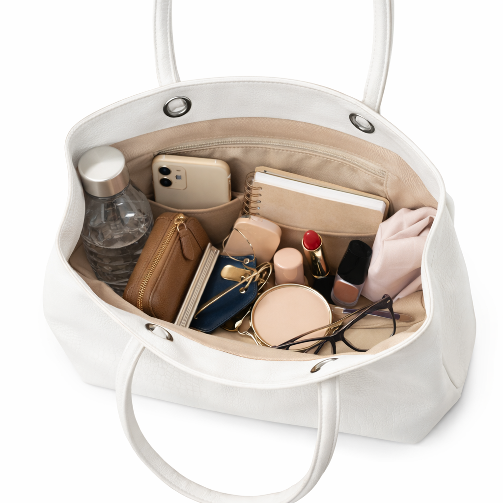 White Faux Leather Tote Bag | Textured Finish Shoulder Handbag for Office & Daily Use