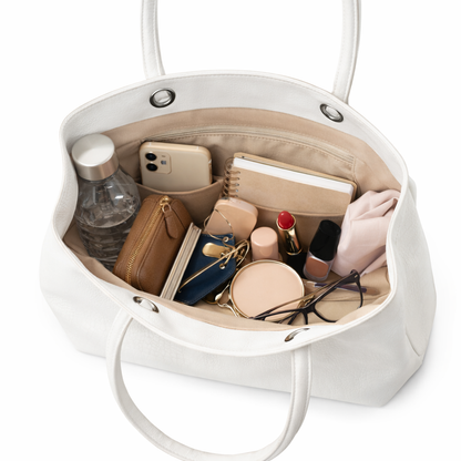 White Faux Leather Tote Bag | Textured Finish Shoulder Handbag for Office & Daily Use