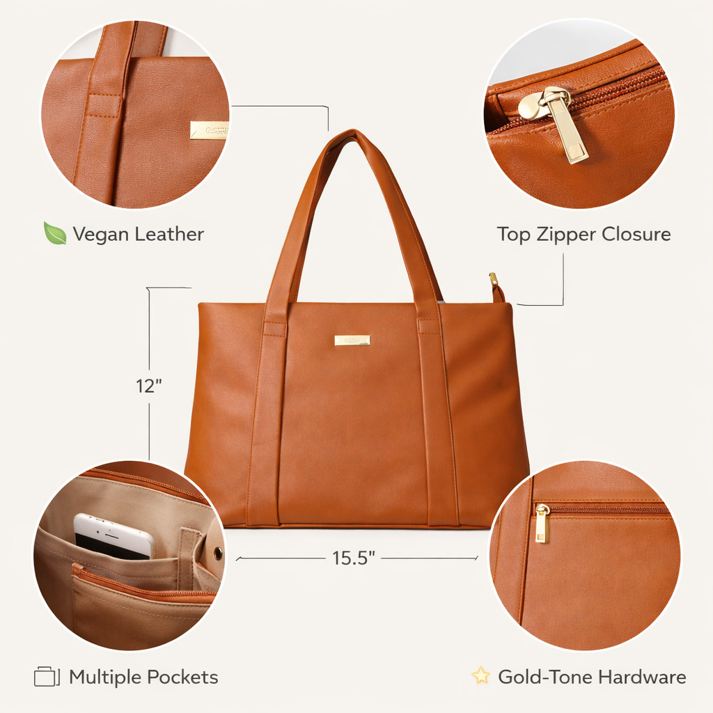 Women’s Vegan Leather Tote Bag | Large Shoulder Handbag with Zipper Closure & Multiple Pockets | Stylish Office Tote Bag for Work, College, Travel & Daily Use