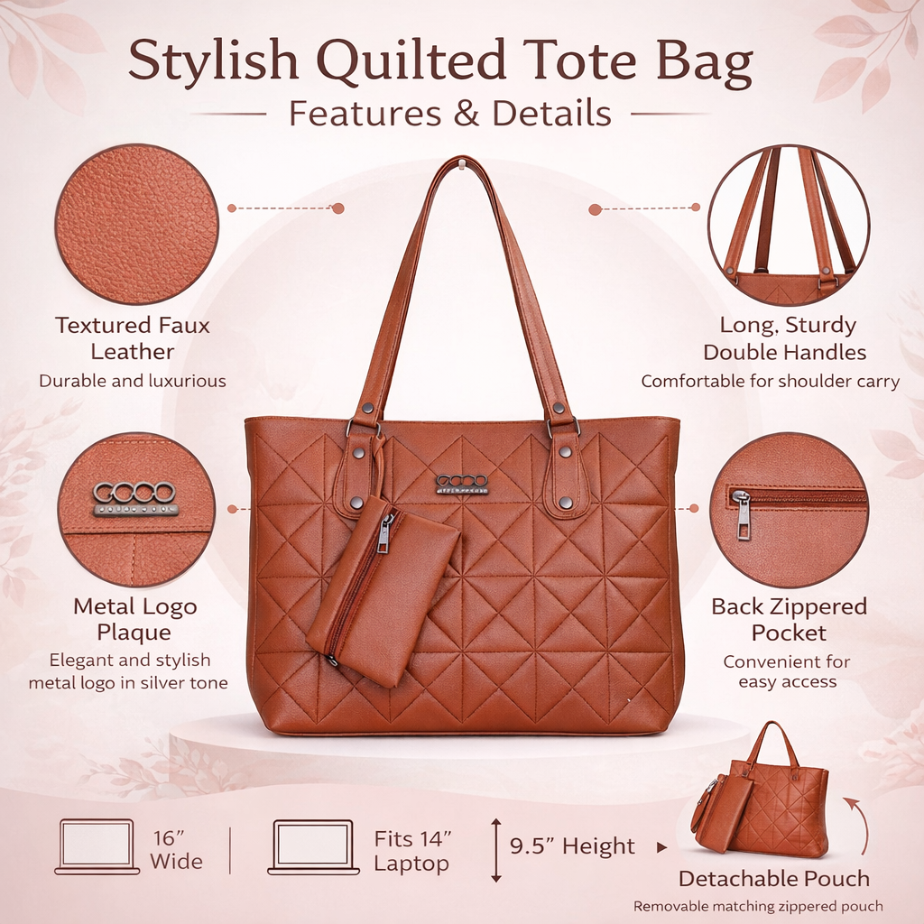 Women’s Classic Quilted Tote Handbag | Elegant Women’s Shoulder Bag
