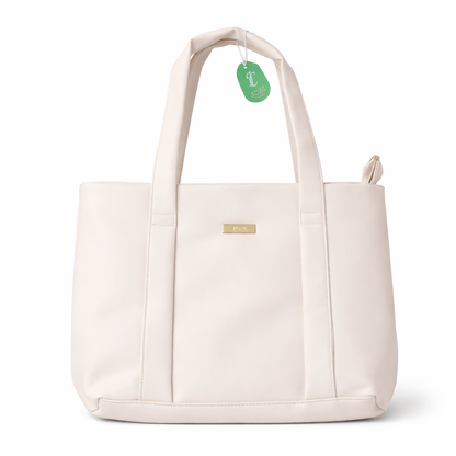 Elegant Ivory Faux Leather Tote Bag with Spacious Interior, Durable Double Handles, Secure Top Zip Closure, and Minimal Gold Accent – Ideal for Work, Office, Travel, and Everyday Use