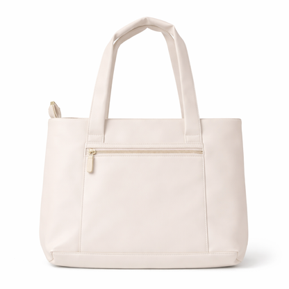 Elegant Ivory Faux Leather Tote Bag with Spacious Interior, Durable Double Handles, Secure Top Zip Closure, and Minimal Gold Accent – Ideal for Work, Office, Travel, and Everyday Use