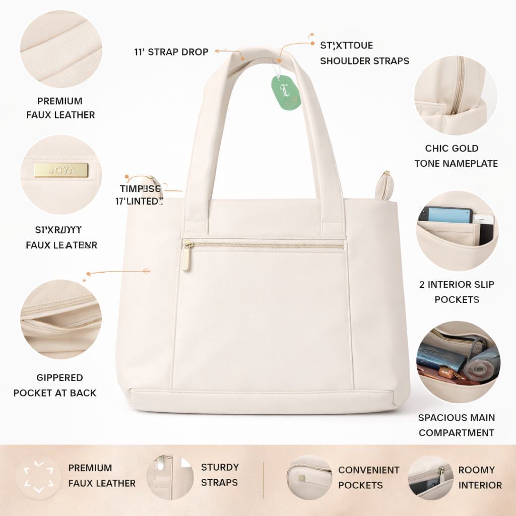 Elegant Ivory Faux Leather Tote Bag with Spacious Interior, Durable Double Handles, Secure Top Zip Closure, and Minimal Gold Accent – Ideal for Work, Office, Travel, and Everyday Use