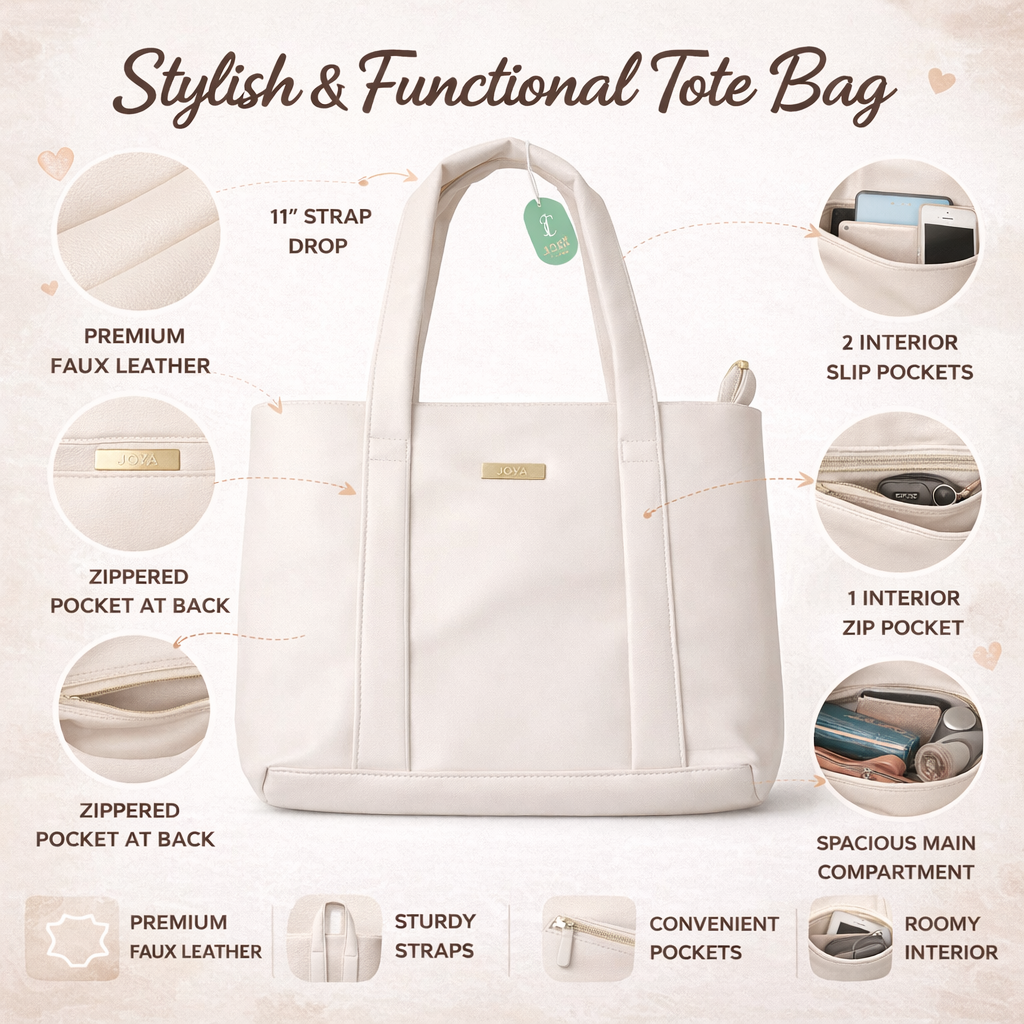 Elegant Ivory Faux Leather Tote Bag with Spacious Interior, Durable Double Handles, Secure Top Zip Closure, and Minimal Gold Accent – Ideal for Work, Office, Travel, and Everyday Use
