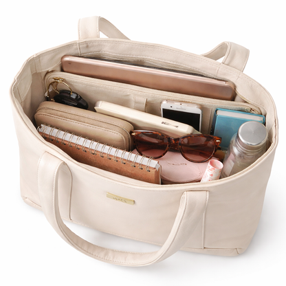 Elegant Ivory Faux Leather Tote Bag with Spacious Interior, Durable Double Handles, Secure Top Zip Closure, and Minimal Gold Accent – Ideal for Work, Office, Travel, and Everyday Use