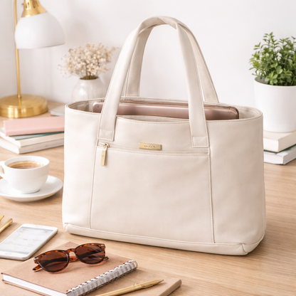 Elegant Ivory Faux Leather Tote Bag with Spacious Interior, Durable Double Handles, Secure Top Zip Closure, and Minimal Gold Accent – Ideal for Work, Office, Travel, and Everyday Use