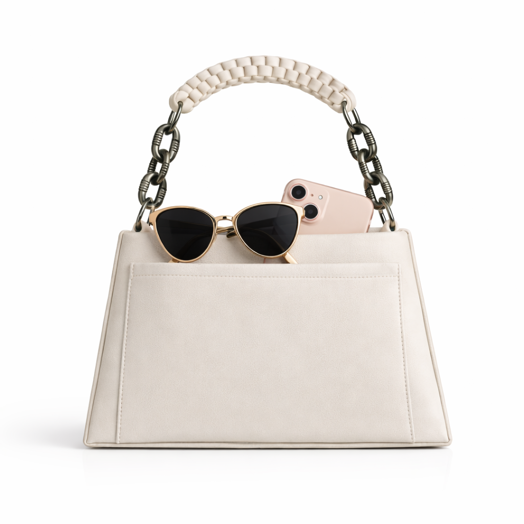Women’s Structured Faux Leather Top Handle Handbag – Elegant Chain Strap Shoulder Purse with Metal Accent, Brown